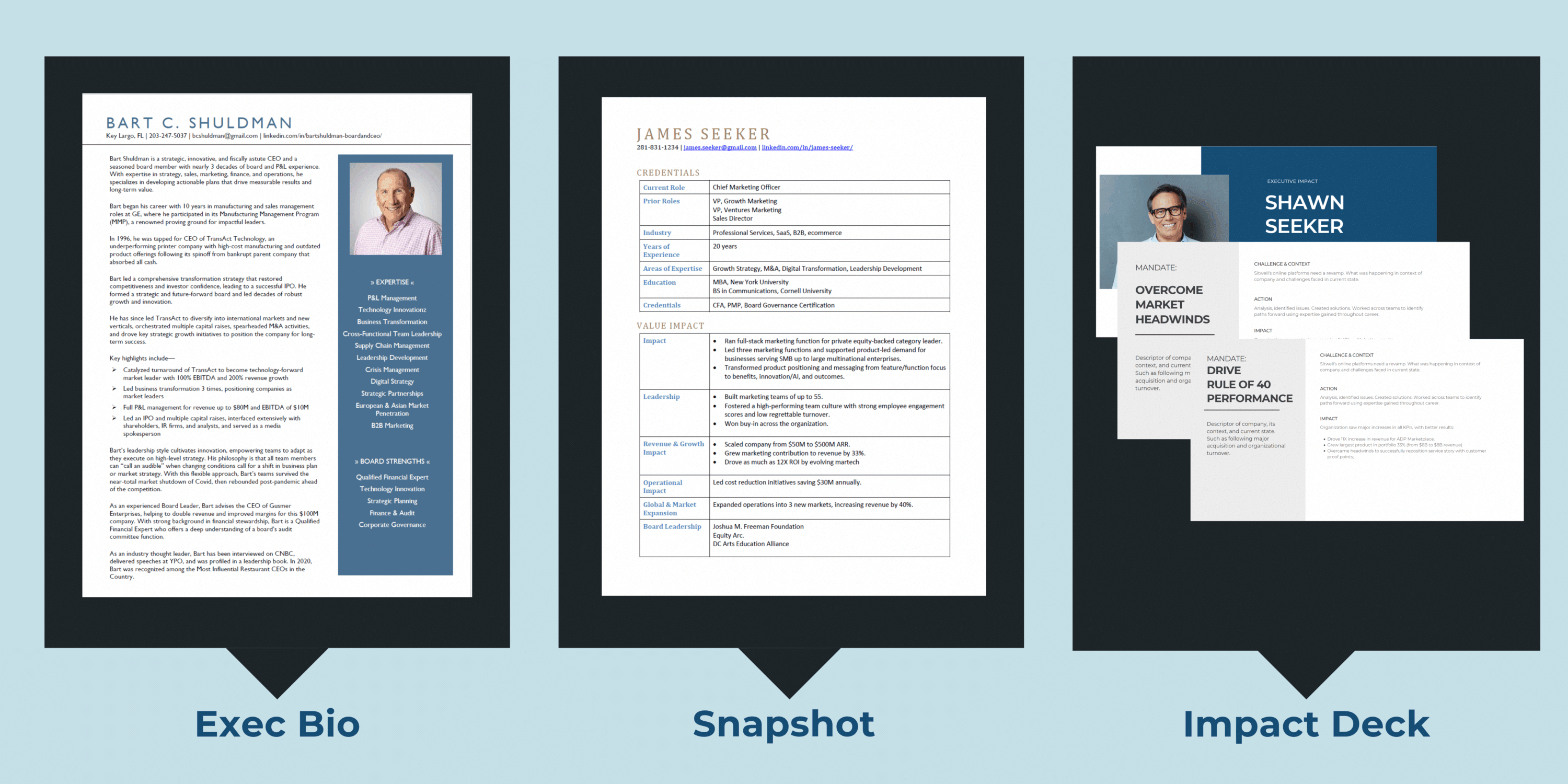 executive bio, leadership snapshot, impact deck